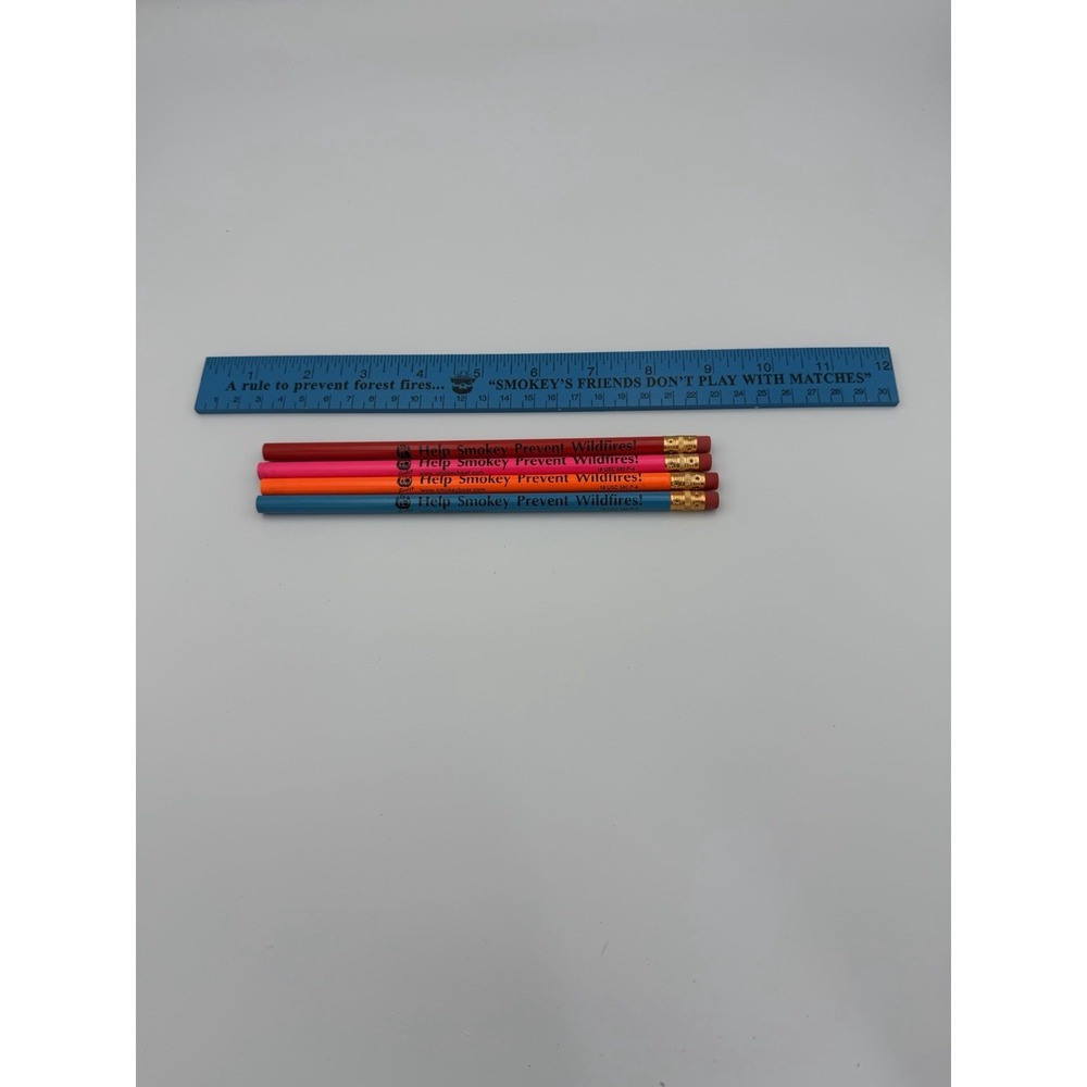 Vtg Smokey Bear Lot Ruler & Pencils Prevent Wildfires School Supplies Retro